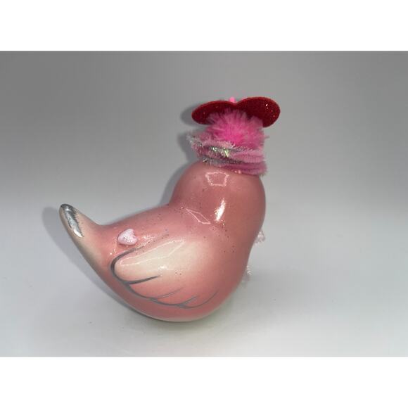 Vintage Pink Ceramic Bird Valentines Day Pink Flower Princess Heart Hat OMG OOAK - Picture 12 of 16